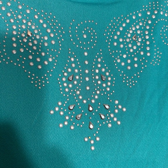 Notations Embellished Top Blouse 3/4 Sleeve Jewel Neck Teal Blue Size PM - Picture 7 of 7